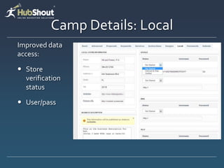 Camp Details: Local
Improved data
access:
? Store
verification
status
? User/pass
 