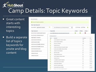 Camp Details:Topic Keywords
? Great content
starts with
interesting
topics
? Build a separate
list of topics
keywords for
onsite and blog
content
 