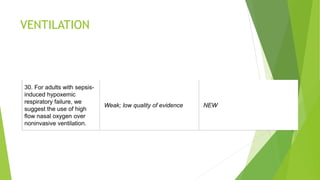 VENTILATION
30. For adults with sepsis-
induced hypoxemic
respiratory failure, we
suggest the use of high
flow nasal oxygen over
noninvasive ventilation.
Weak; low quality of evidence NEW
 