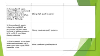 31. For adults with sepsis-
induced ARDS, we recommend
using a low tidal volume
ventilation strategy (6 mL/kg),
over a high tidal volume
strategy (> 10 mL/kg).
Strong; high-quality evidence
32. For adults with sepsis-
induced severe ARDS, we
recommend using an upper
limit goal for plateau pressures
of 30 cm H2O, over higher
plateau pressures.
Strong; moderate-quality evidence
33. For adults with moderate to
severe sepsis-induced ARDS,
we suggest using higher PEEP
over lower PEEP.
Weak; moderate-quality evidence
 