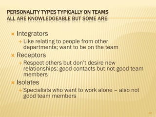 PERSONALITY TYPES TYPICALLY ON TEAMS
ALL ARE KNOWLEDGEABLE BUT SOME ARE:

    Integrators
      Likerelating to people from other
       departments; want to be on the team
    Receptors
      Respect  others but don’t desire new
       relationships; good contacts but not good team
       members
    Isolates
      Specialists
                 who want to work alone – also not
       good team members

                                                        40
 