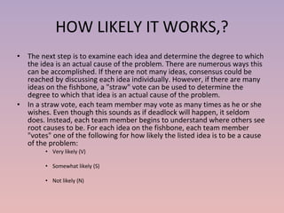 HOW LIKELY IT WORKS,? The next step is to examine each idea and determine the degree to which the idea is an actual cause of the problem. There are numerous ways this can be accomplished. If there are not many ideas, consensus could be reached by discussing each idea individually. However, if there are many ideas on the fishbone, a "straw" vote can be used to determine the degree to which that idea is an actual cause of the problem. In a straw vote, each team member may vote as many times as he or she wishes. Even though this sounds as if deadlock will happen, it seldom does. Instead, each team member begins to understand where others see root causes to be. For each idea on the fishbone, each team member "votes" one of the following for how likely the listed idea is to be a cause of the problem: Very likely (V) Somewhat likely (S) Not likely (N) 