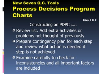 New Seven Q.C. Tools
Process Decisions Program
Charts
                                        Slide 5 0f 7

         Constructing an PDPC (cont.)
‡ Review list. Add extra activities or
  problems not thought of previously
ˆ Prepare contingency plan for each step
  and review what action is needed if
  step is not achieved
‰ Examine carefully to check for
  inconsistencies and all important factors
  are included
 