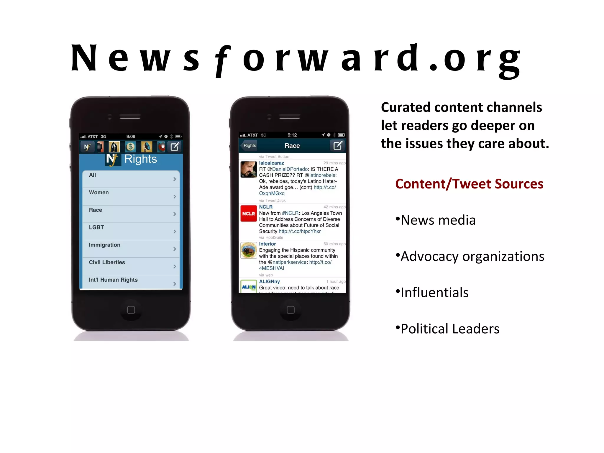 News f orward.org Curated content channels let readers go deeper on the issues they care about.  Content/Tweet Sources News media Advocacy organizations Influentials Political Leaders 