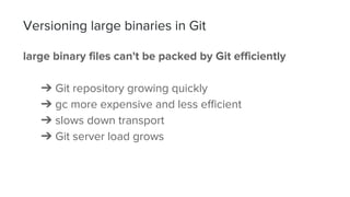 Versioning large binaries in Git
large binary files can't be packed by Git efficiently
➔ Git repository growing quickly
➔ gc more expensive and less efficient
➔ slows down transport
➔ Git server load grows
 