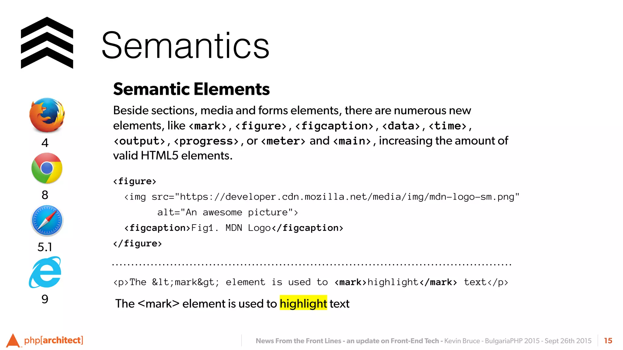 News From the Front Lines - an update on Front-End Tech - Kevin Bruce - BulgariaPHP 2015 - Sept 26th 2015
Semantics
15
Semantic Elements
Beside sections, media and forms elements, there are numerous new
elements, like <mark>, <figure>, <figcaption>, <data>, <time>,
<output>, <progress>, or <meter> and <main>, increasing the amount of
valid HTML5 elements.
<figure>
<img src="https://developer.cdn.mozilla.net/media/img/mdn-logo-sm.png"
alt="An awesome picture">
<figcaption>Fig1. MDN Logo</figcaption>
</figure>
<p>The <mark> element is used to <mark>highlight</mark> text</p>
The <mark> element is used to highlight text
5.1
8
4
9
 