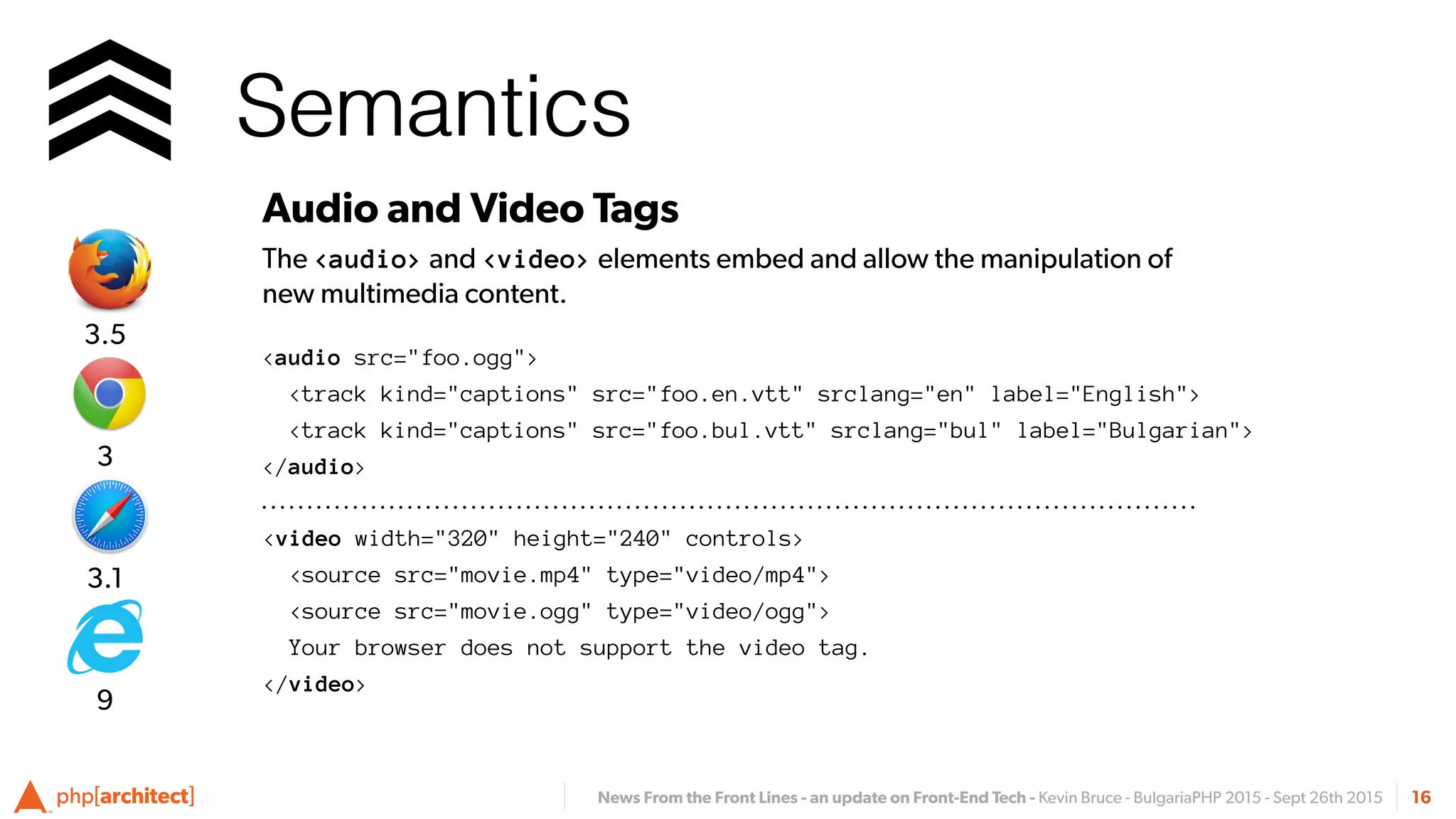 News From the Front Lines - an update on Front-End Tech - Kevin Bruce - BulgariaPHP 2015 - Sept 26th 2015
Semantics
16
Audio and Video Tags
The <audio> and <video> elements embed and allow the manipulation of
new multimedia content.
Semantics
<audio src="foo.ogg">
<track kind="captions" src="foo.en.vtt" srclang="en" label="English">
<track kind="captions" src="foo.bul.vtt" srclang="bul" label="Bulgarian">
</audio>
<video width="320" height="240" controls>
  <source src="movie.mp4" type="video/mp4">
  <source src="movie.ogg" type="video/ogg">
  Your browser does not support the video tag.
</video>
3.1
3
3.5
9
 