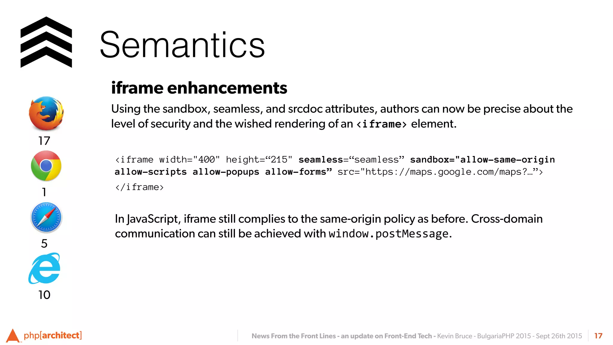 News From the Front Lines - an update on Front-End Tech - Kevin Bruce - BulgariaPHP 2015 - Sept 26th 2015
Semantics
17
iframe enhancements
Using the sandbox, seamless, and srcdoc attributes, authors can now be precise about the
level of security and the wished rendering of an <iframe> element.
<iframe width="400" height=“215" seamless=“seamless” sandbox="allow-same-origin
allow-scripts allow-popups allow-forms” src="https://maps.google.com/maps?…”>
</iframe>
In JavaScript, iframe still complies to the same-origin policy as before. Cross-domain
communication can still be achieved with window.postMessage.
5
1
17
10
 