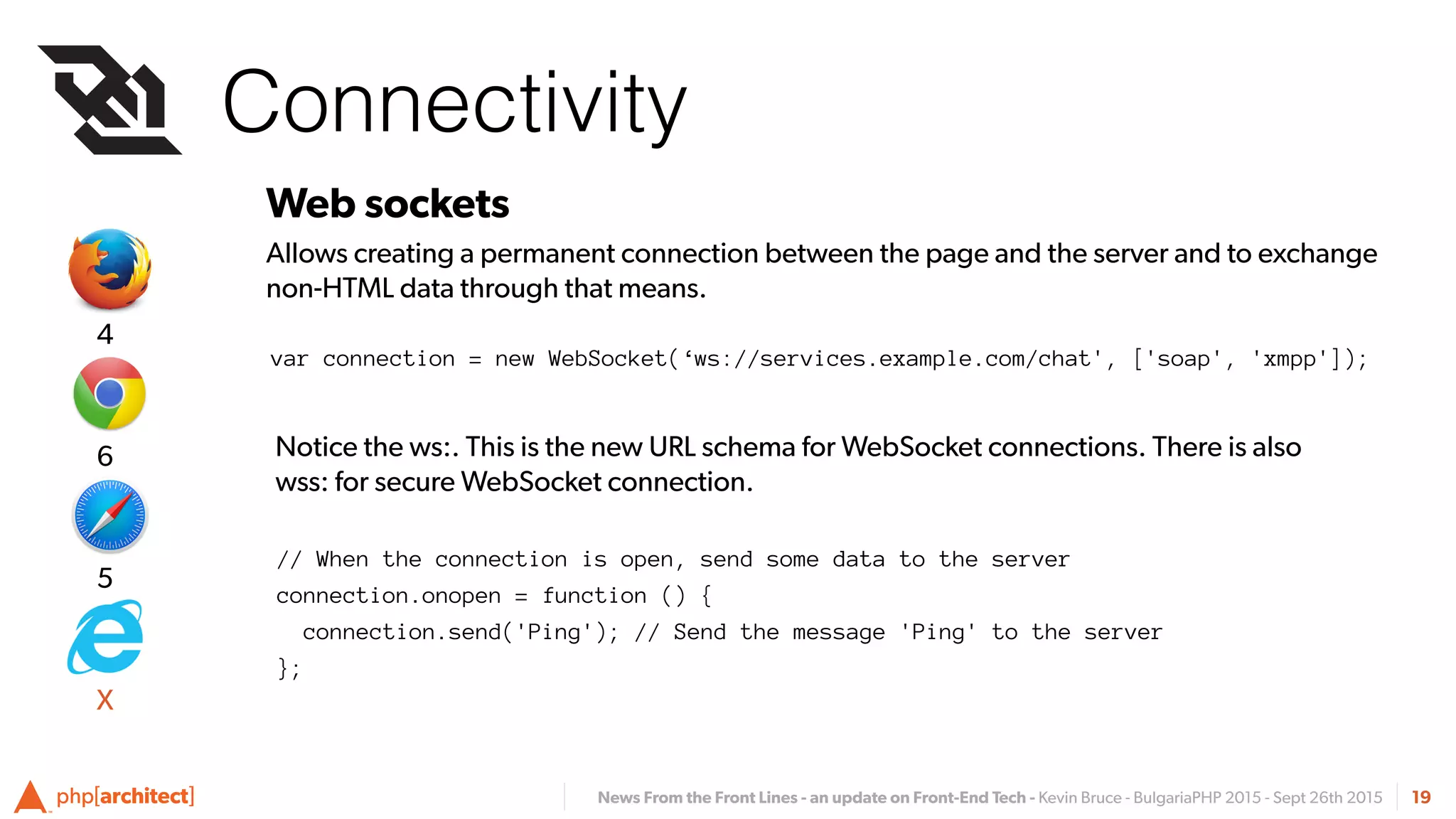 News From the Front Lines - an update on Front-End Tech - Kevin Bruce - BulgariaPHP 2015 - Sept 26th 2015
Connectivity
19
Web sockets
Allows creating a permanent connection between the page and the server and to exchange
non-HTML data through that means.
var connection = new WebSocket(‘ws://services.example.com/chat', ['soap', 'xmpp']);
// When the connection is open, send some data to the server
connection.onopen = function () {
connection.send('Ping'); // Send the message 'Ping' to the server
};
Notice the ws:. This is the new URL schema for WebSocket connections. There is also
wss: for secure WebSocket connection.
5
6
4
X
 