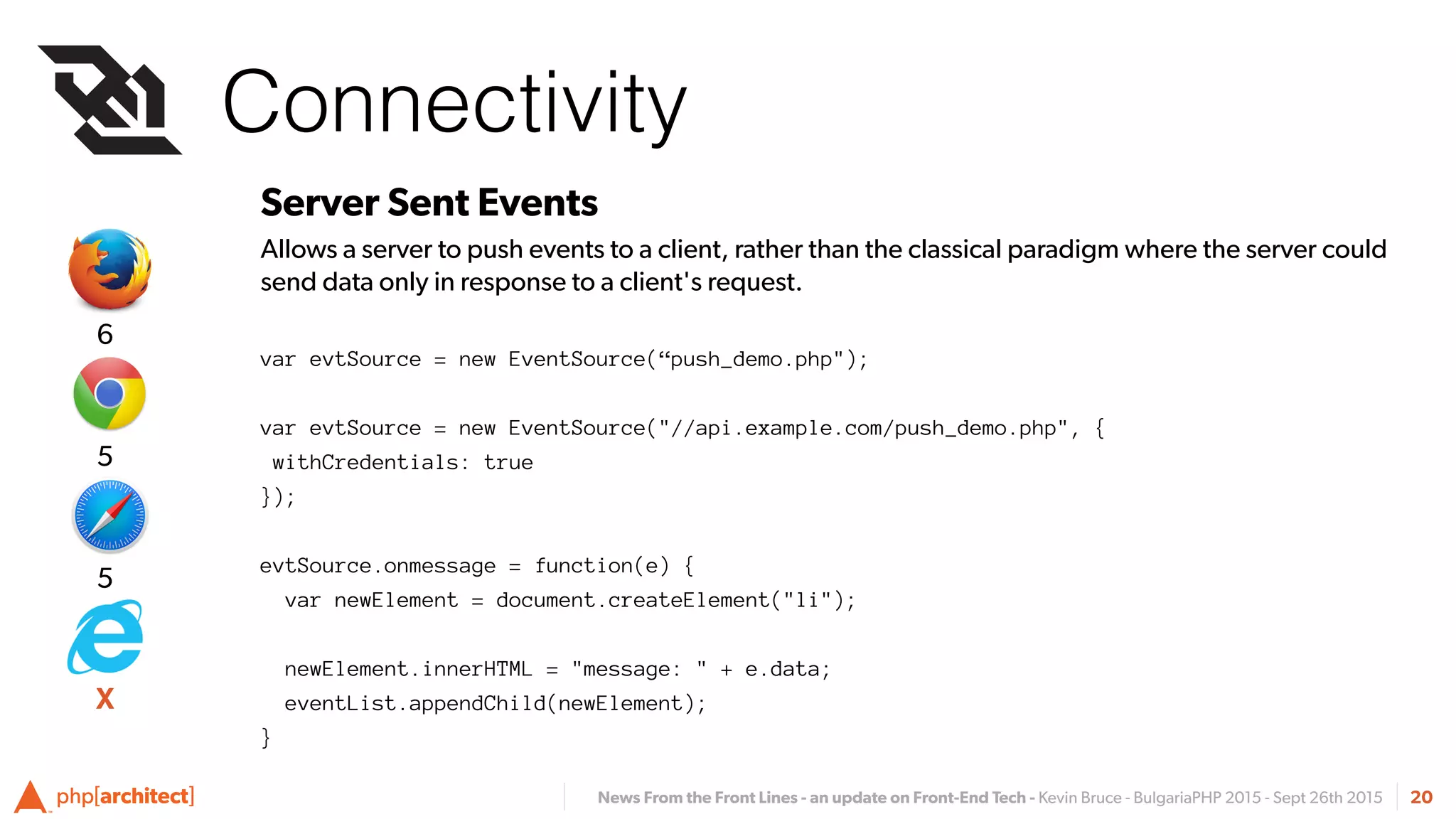 News From the Front Lines - an update on Front-End Tech - Kevin Bruce - BulgariaPHP 2015 - Sept 26th 2015
Connectivity
20
Server Sent Events
Allows a server to push events to a client, rather than the classical paradigm where the server could
send data only in response to a client's request.
var evtSource = new EventSource(“push_demo.php");
var evtSource = new EventSource("//api.example.com/push_demo.php", {
withCredentials: true
});
evtSource.onmessage = function(e) {
var newElement = document.createElement("li");
newElement.innerHTML = "message: " + e.data;
eventList.appendChild(newElement);
}
5
5
6
X
 