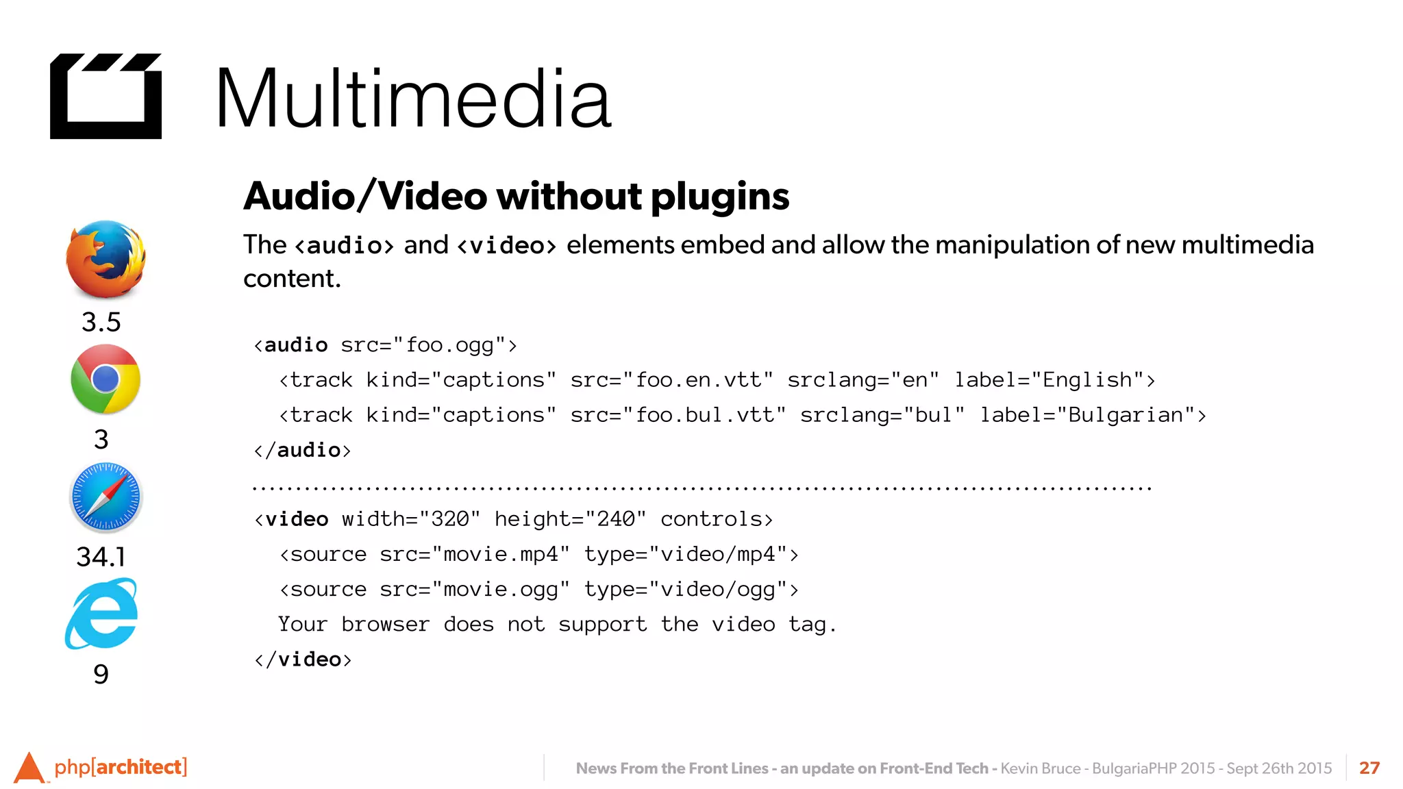 News From the Front Lines - an update on Front-End Tech - Kevin Bruce - BulgariaPHP 2015 - Sept 26th 2015
Multimedia
27
Audio/Video without plugins
The <audio> and <video> elements embed and allow the manipulation of new multimedia
content.
<audio src="foo.ogg">
<track kind="captions" src="foo.en.vtt" srclang="en" label="English">
<track kind="captions" src="foo.bul.vtt" srclang="bul" label="Bulgarian">
</audio>
<video width="320" height="240" controls>
  <source src="movie.mp4" type="video/mp4">
  <source src="movie.ogg" type="video/ogg">
  Your browser does not support the video tag.
</video>
34.1
3
3.5
9
 