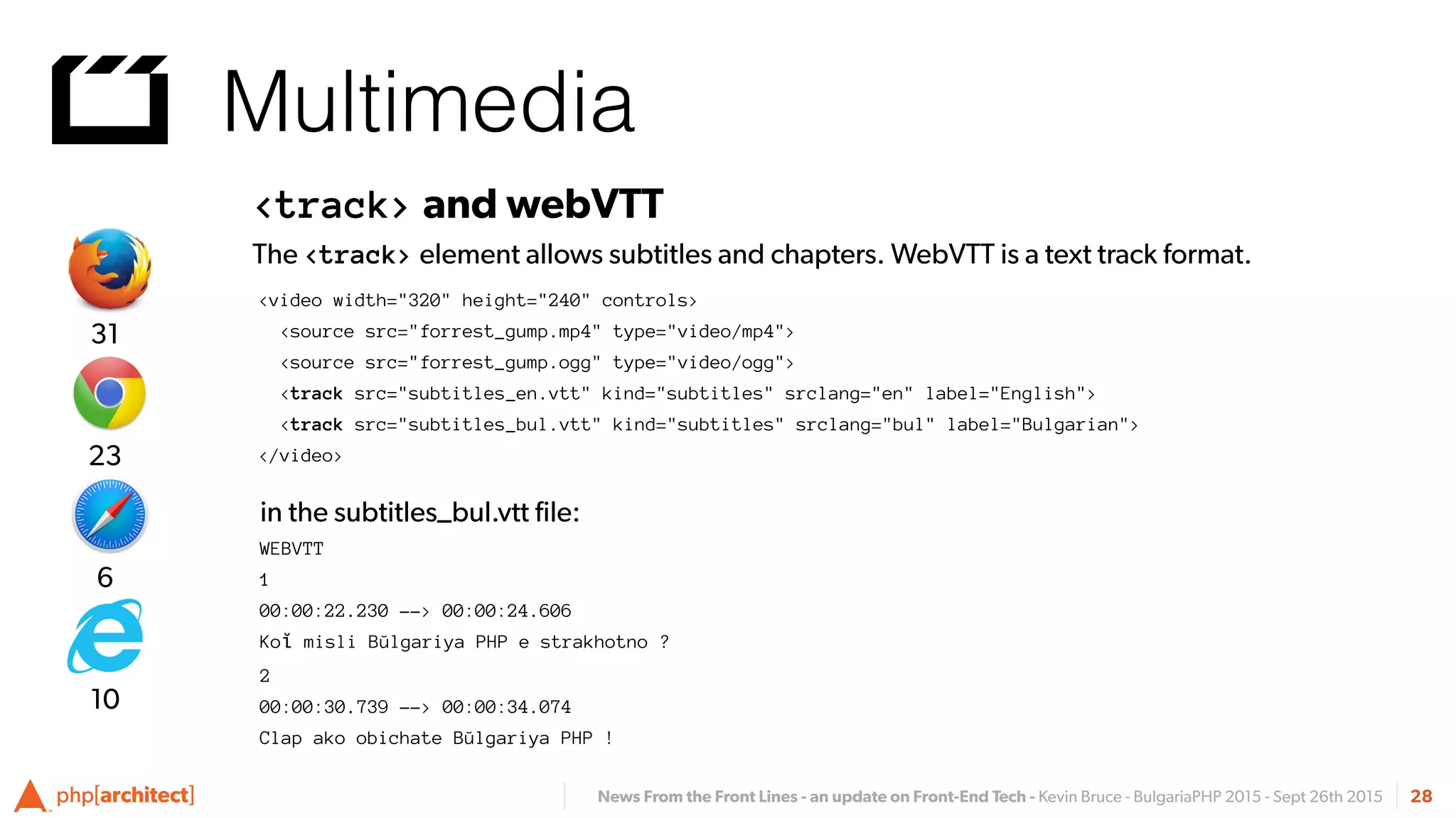 News From the Front Lines - an update on Front-End Tech - Kevin Bruce - BulgariaPHP 2015 - Sept 26th 2015
Multimedia
28
<track> and webVTT
The <track> element allows subtitles and chapters. WebVTT is a text track format.
<video width="320" height="240" controls>
<source src="forrest_gump.mp4" type="video/mp4">
<source src="forrest_gump.ogg" type="video/ogg">
<track src="subtitles_en.vtt" kind="subtitles" srclang="en" label="English">
<track src="subtitles_bul.vtt" kind="subtitles" srclang="bul" label="Bulgarian">
</video>
in the subtitles_bul.vtt ﬁle:
WEBVTT
1
00:00:22.230 --> 00:00:24.606
Koĭ misli Bŭlgariya PHP e strakhotno ?
2
00:00:30.739 --> 00:00:34.074
Clap ako obichate Bŭlgariya PHP !
6
23
31
10
 