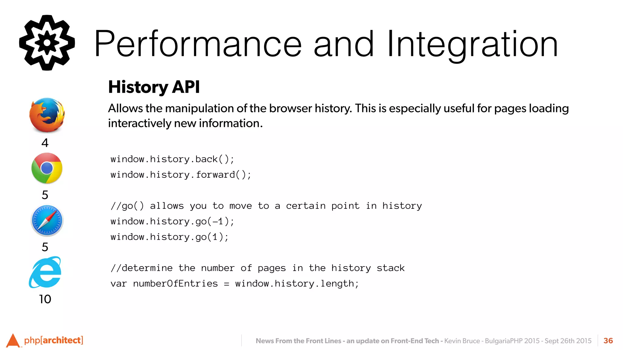 News From the Front Lines - an update on Front-End Tech - Kevin Bruce - BulgariaPHP 2015 - Sept 26th 2015 36
History API
Allows the manipulation of the browser history. This is especially useful for pages loading
interactively new information.
Performance and Integration
5
5
4
10
window.history.back();
window.history.forward();
//go() allows you to move to a certain point in history
window.history.go(-1);
window.history.go(1);
//determine the number of pages in the history stack
var numberOfEntries = window.history.length;
 