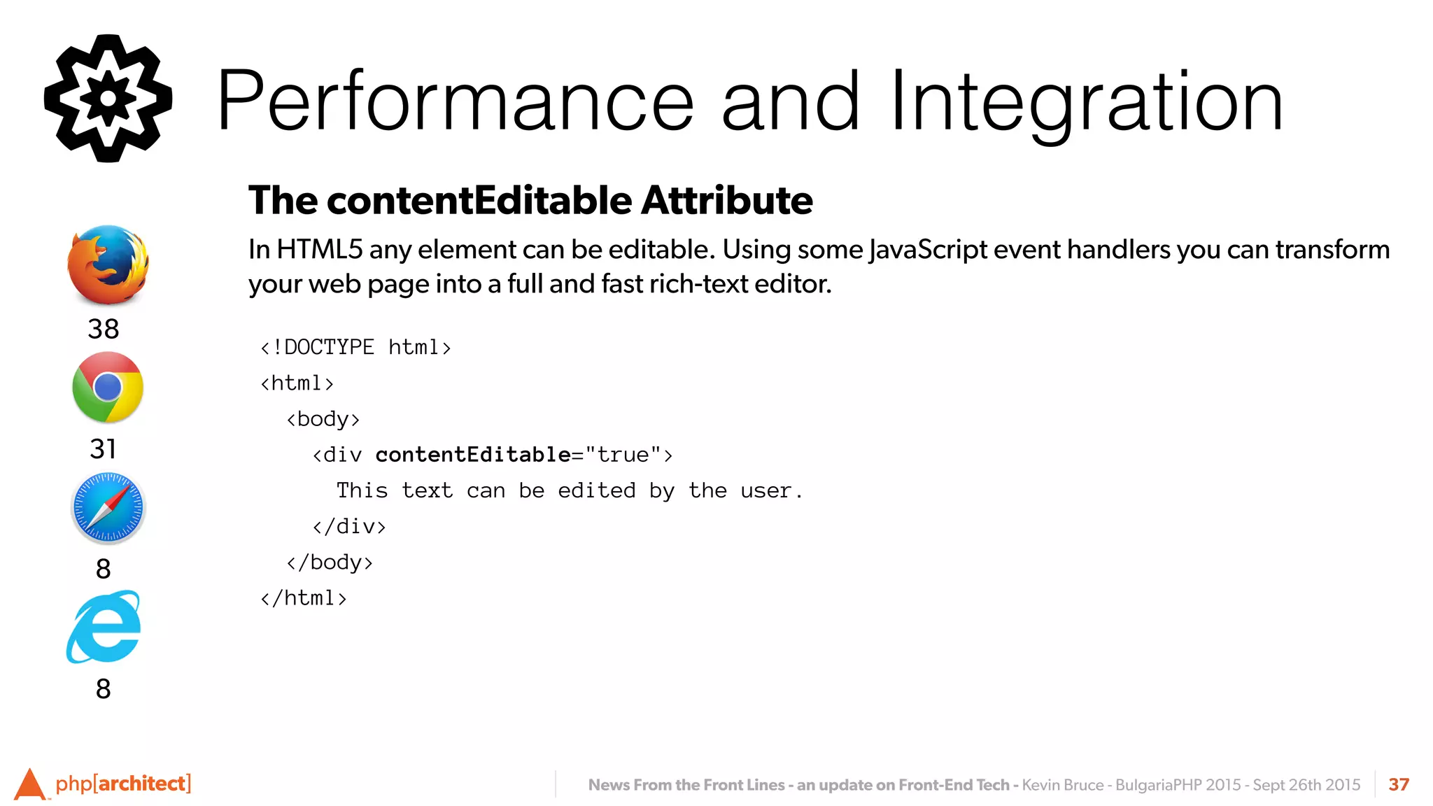 News From the Front Lines - an update on Front-End Tech - Kevin Bruce - BulgariaPHP 2015 - Sept 26th 2015 37
The contentEditable Attribute
In HTML5 any element can be editable. Using some JavaScript event handlers you can transform
your web page into a full and fast rich-text editor.
Performance and Integration
8
31
38
8
<!DOCTYPE html>
<html>
<body>
<div contentEditable="true">
This text can be edited by the user.
</div>
</body>
</html>
 