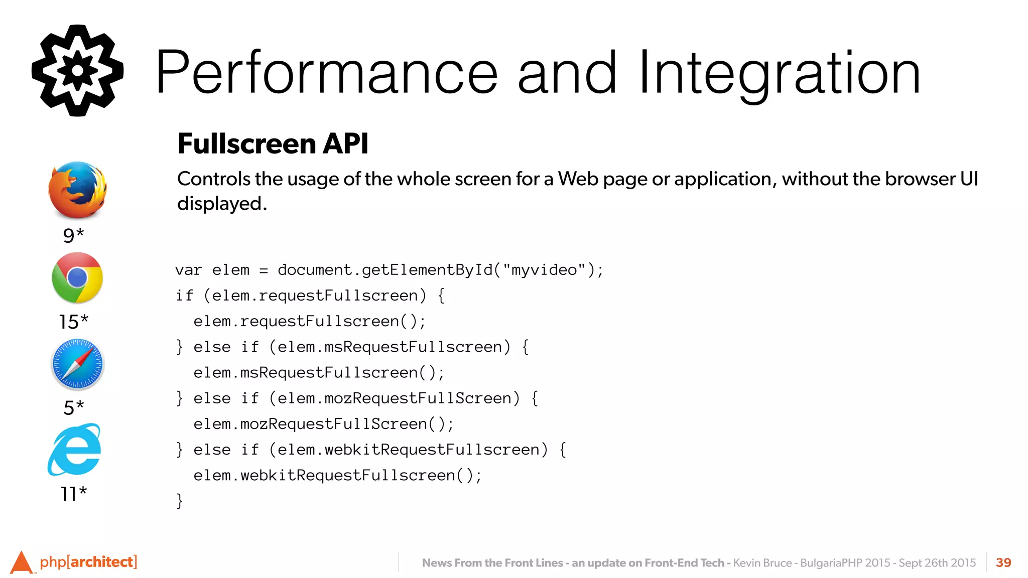 News From the Front Lines - an update on Front-End Tech - Kevin Bruce - BulgariaPHP 2015 - Sept 26th 2015 39
Fullscreen API
Controls the usage of the whole screen for a Web page or application, without the browser UI
displayed.
Performance and Integration
5*
15*
9*
11*
var elem = document.getElementById("myvideo");
if (elem.requestFullscreen) {
elem.requestFullscreen();
} else if (elem.msRequestFullscreen) {
elem.msRequestFullscreen();
} else if (elem.mozRequestFullScreen) {
elem.mozRequestFullScreen();
} else if (elem.webkitRequestFullscreen) {
elem.webkitRequestFullscreen();
}
 