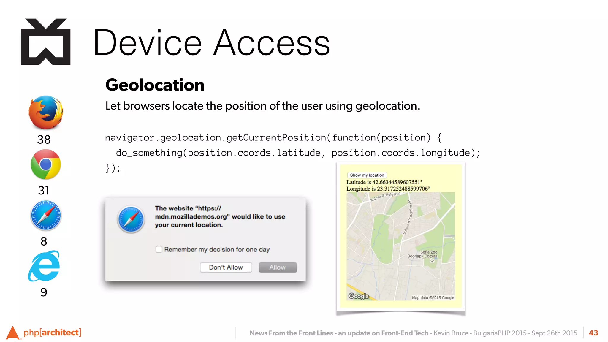 News From the Front Lines - an update on Front-End Tech - Kevin Bruce - BulgariaPHP 2015 - Sept 26th 2015
Device Access
43
Geolocation
Let browsers locate the position of the user using geolocation.
navigator.geolocation.getCurrentPosition(function(position) {
do_something(position.coords.latitude, position.coords.longitude);
});
8
31
38
9
 