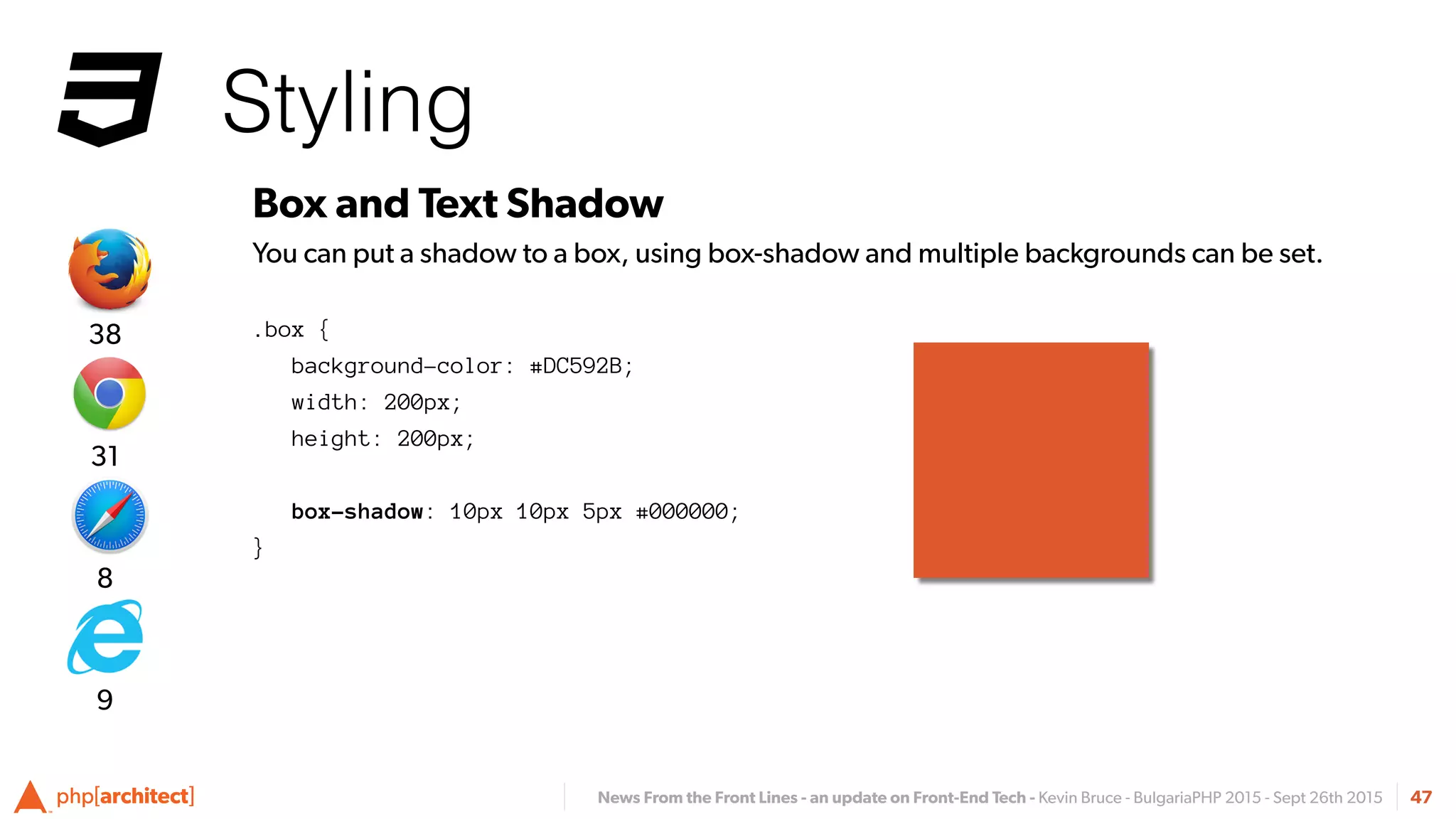 News From the Front Lines - an update on Front-End Tech - Kevin Bruce - BulgariaPHP 2015 - Sept 26th 2015
Styling
47
Box and Text Shadow
You can put a shadow to a box, using box-shadow and multiple backgrounds can be set.
.box {
background-color: #DC592B;
width: 200px;
height: 200px;
box-shadow: 10px 10px 5px #000000;
}
8
31
38
9
 