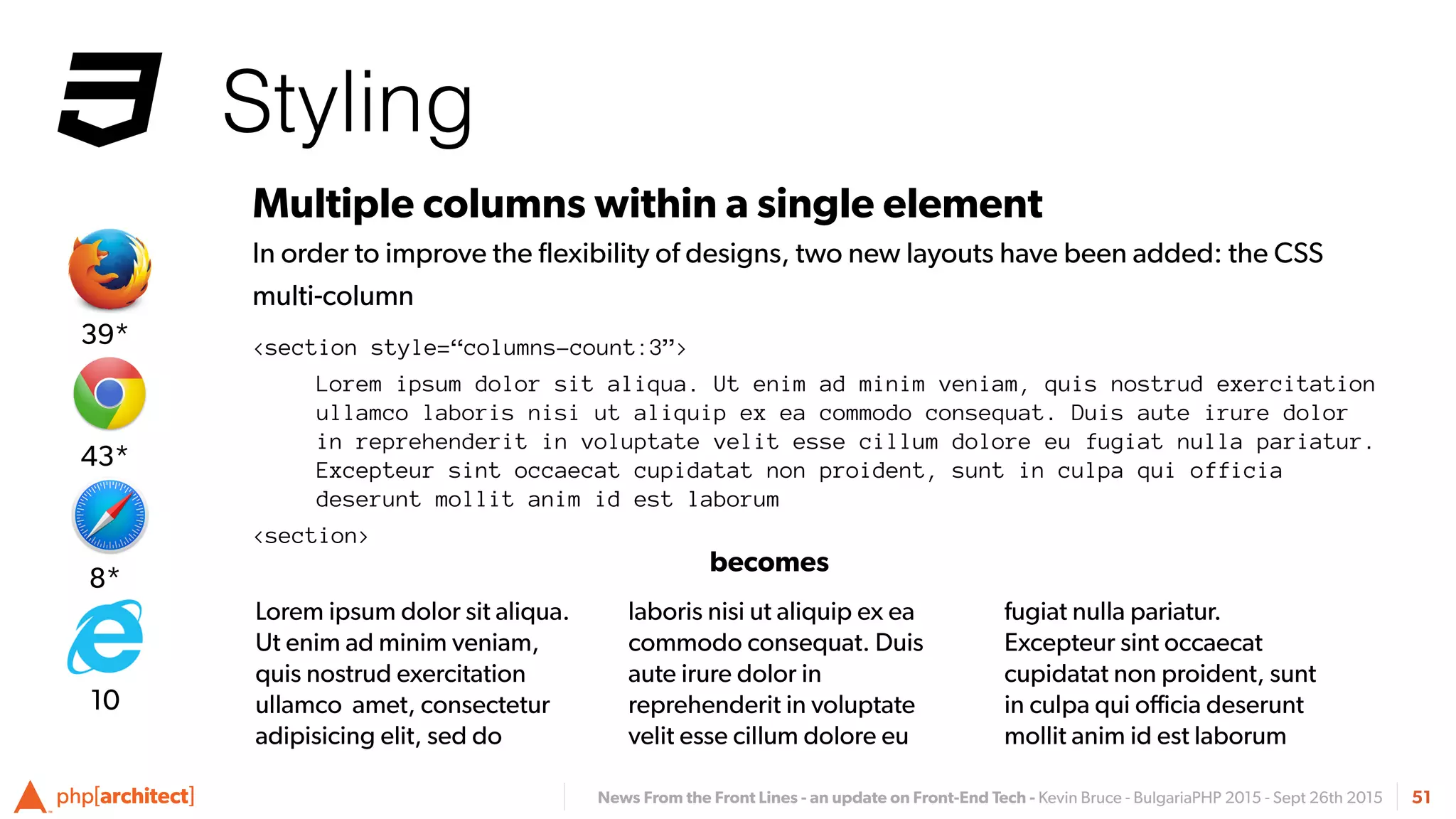 News From the Front Lines - an update on Front-End Tech - Kevin Bruce - BulgariaPHP 2015 - Sept 26th 2015
Styling
51
Multiple columns within a single element
In order to improve the ﬂexibility of designs, two new layouts have been added: the CSS
multi-column
<section style=“columns-count:3”>
Lorem ipsum dolor sit aliqua. Ut enim ad minim veniam, quis nostrud exercitation
ullamco laboris nisi ut aliquip ex ea commodo consequat. Duis aute irure dolor
in reprehenderit in voluptate velit esse cillum dolore eu fugiat nulla pariatur.
Excepteur sint occaecat cupidatat non proident, sunt in culpa qui officia
deserunt mollit anim id est laborum
<section>
Lorem ipsum dolor sit aliqua.
Ut enim ad minim veniam,
quis nostrud exercitation
ullamco amet, consectetur
adipisicing elit, sed do
laboris nisi ut aliquip ex ea
commodo consequat. Duis
aute irure dolor in
reprehenderit in voluptate
velit esse cillum dolore eu
fugiat nulla pariatur.
Excepteur sint occaecat
cupidatat non proident, sunt
in culpa qui oﬃcia deserunt
mollit anim id est laborum
becomes
8*
43*
39*
10
 