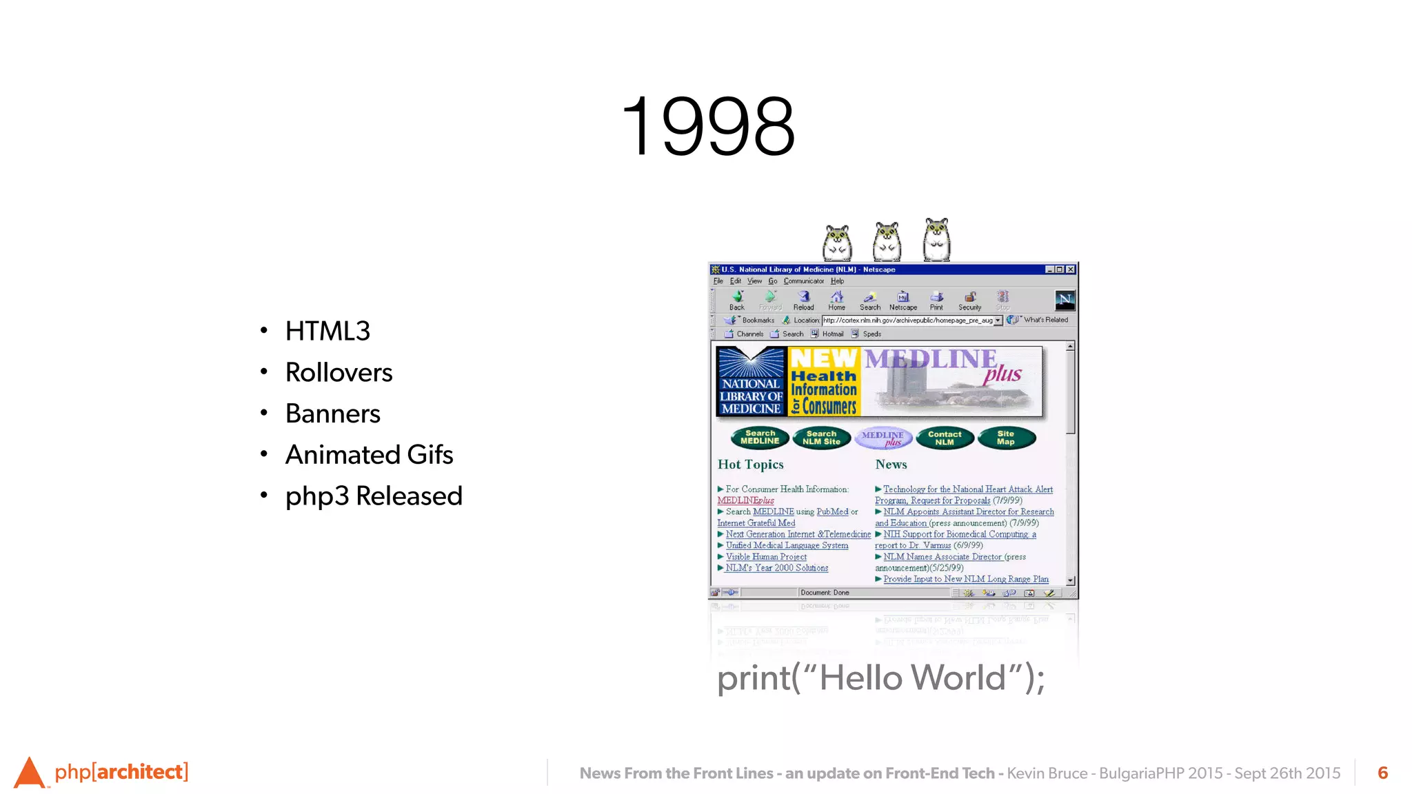 News From the Front Lines - an update on Front-End Tech - Kevin Bruce - BulgariaPHP 2015 - Sept 26th 2015
1998
• HTML3
• Rollovers
• Banners
• Animated Gifs
• php3 Released
6
print(“Hello World”);
 