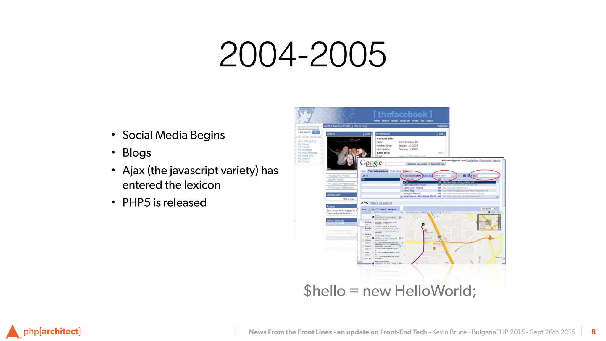 News From the Front Lines - an update on Front-End Tech - Kevin Bruce - BulgariaPHP 2015 - Sept 26th 2015
2004-2005
• Social Media Begins
• Blogs
• Ajax (the javascript variety) has
entered the lexicon
• PHP5 is released
8
$hello = new HelloWorld;
 