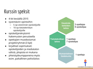 Kurssin speksit
● 4 kk keväällä 2015
● syventäviin opintoihin
○ 5 op viestinnän opiskelijoille
○ 10 op tietotekniikan
opiskelijoille
● opiskelijarekrytointi
hakemusten perusteella
● opettajien muodostamat
projektiryhmät (3 kpl)
● kirjalliset sopimukset:
opiskelijoiden ja mediatalon
välisiä, yliopisto ei mukana
● yhteistyökumppaneina myös
esim. paikallinen poliisilaitos
Tietotekniikan
laitos
Humanistinen
tiedekunta
Viestintä-
tieteiden
laitos
1 opettaja
7 opiskelijaa
3 opettajaa
8 opiskelijaa
1 opettaja
 