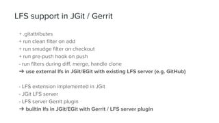 + .gitattributes
+ run clean filter on add
+ run smudge filter on checkout
+ run pre-push hook on push
- run filters during diff, merge, handle clone
➔ use external lfs in JGit/EGit with existing LFS server (e.g. GitHub)
- LFS extension implemented in JGit
- JGit LFS server
- LFS server Gerrit plugin
➔ builtin lfs in JGit/EGit with Gerrit / LFS server plugin
LFS support in JGit / Gerrit
 
