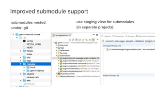 submodules nested
under .git
Improved submodule support
use staging view for submodules
(in separate projects)
 