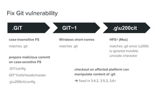 Fix Git vulnerability
.GiT
case-insensitive FS
matches .git
GIT~1
Windows short-names
matches .git
.gu200cit
HFS+ (Mac)
matches .git since u200c
is ignored invisible
unicode characterprepare malicious commit
on case-sensitive FS
.GiT/config
GIT~1/refs/heads/master
.gu200cit/config
checkout on affected platform can
manipulate content of .git
➔ fixed in 3.4.2, 3.5.3, 3.6+
 