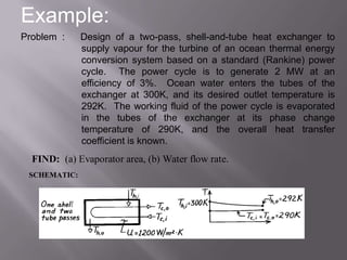 Example:
Problem :     Design of a two-pass, shell-and-tube heat exchanger to
              supply vapour for the turbine of an ocean thermal energy
              conversion system based on a standard (Rankine) power
              cycle. The power cycle is to generate 2 MW at an
              efficiency of 3%. Ocean water enters the tubes of the
              exchanger at 300K, and its desired outlet temperature is
              292K. The working fluid of the power cycle is evaporated
              in the tubes of the exchanger at its phase change
              temperature of 290K, and the overall heat transfer
              coefficient is known.
  FIND: (a) Evaporator area, (b) Water flow rate.
 SCHEMATIC:
 