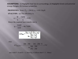 ASSUMPTIONS: (1) Negligible heat loss to surroundings, (2) Negligible kinetic and potential
energy changes, (3) Constant properties.

PROPERTIES: Water ( Tm = 296 K): cp = 4181 J/kg K.
ANALYSIS: (a) The efficiency is
             
            W 2 MW
                           0.03.
            q      q
 Hence the required heat transfer rate is
              2 MW
         q             66.7 MW.
               0.03




 Also
                       300 290      292 290 C
             Tm,CF                                    5C
                                 300 290
                              n
                                 292 290

  and, with P = 0 and S = , from Fig. it follows that F = 1. Hence
 