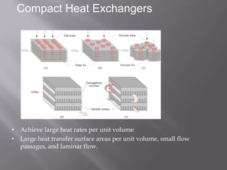 Compact Heat Exchangers




• Achieve large heat rates per unit volume
• Large heat transfer surface areas per unit volume, small flow
  passages, and laminar flow.
 
