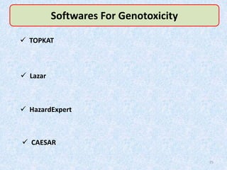 Softwares For Genotoxicity
 Lazar
 CAESAR
 TOPKAT
 HazardExpert
25
 