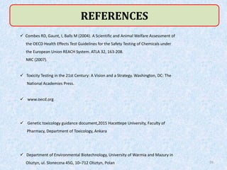 REFERENCES
 Combes RD, Gaunt, I, Balls M (2004). A Scientific and Animal Welfare Assessment of
the OECD Health Effects Test Guidelines for the Safety Testing of Chemicals under
the European Union REACH System. ATLA 32, 163-208.
NRC (2007).
 Toxicity Testing in the 21st Century: A Vision and a Strategy. Washington, DC: The
National Academies Press.
 www.oecd.org
 Genetic toxicology guidance document,2015 Hacettepe University, Faculty of
Pharmacy, Department of Toxicology, Ankara
 Department of Environmental Biotechnology, University of Warmia and Mazury in
Olsztyn, ul. Sloneczna 45G, 10–712 Olsztyn, Polan 26
 