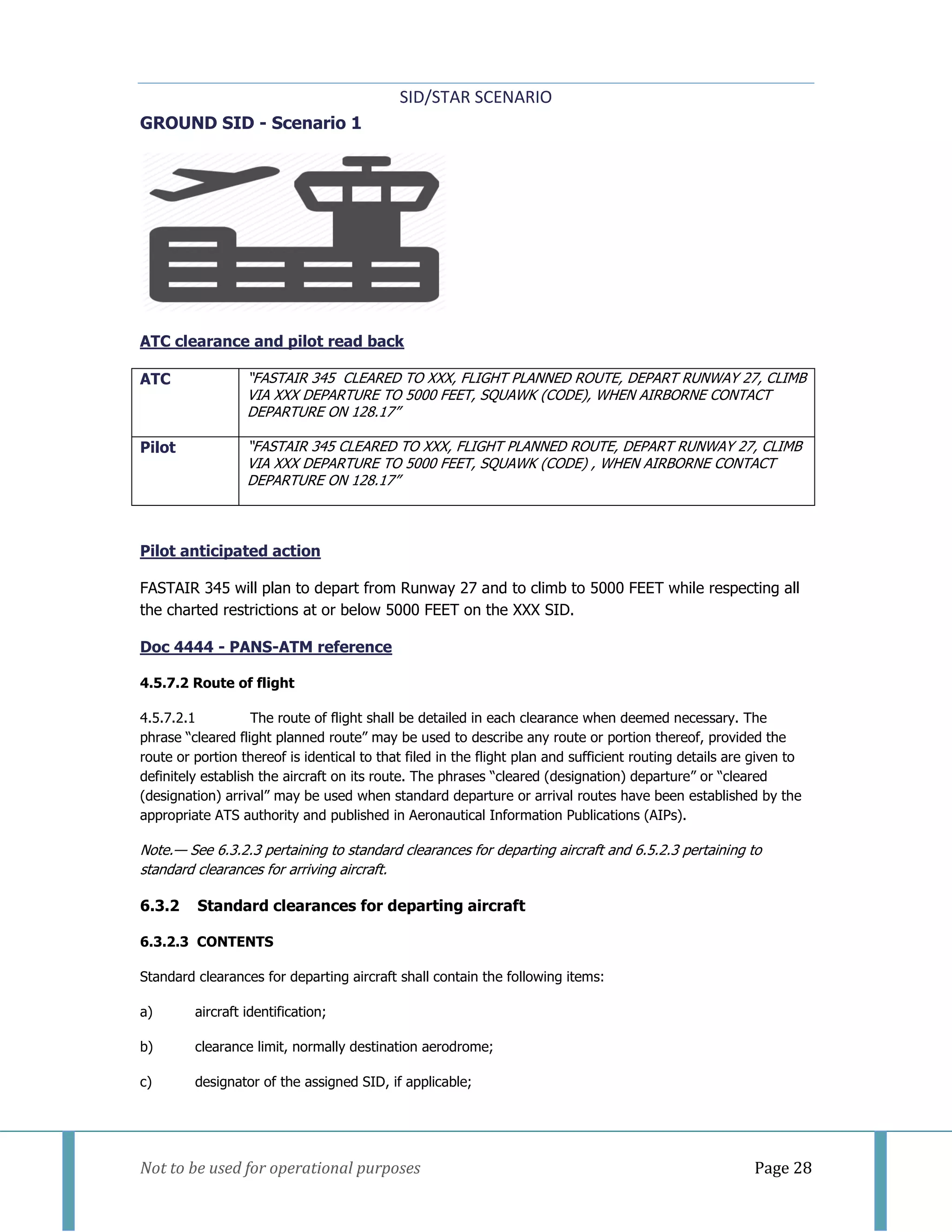 SID/STAR SCENARIO
Not to be used for operational purposes Page 28
GROUND SID - Scenario 1
ATC clearance and pilot read back
ATC “FASTAIR 345 CLEARED TO XXX, FLIGHT PLANNED ROUTE, DEPART RUNWAY 27, CLIMB
VIA XXX DEPARTURE TO 5000 FEET, SQUAWK (CODE), WHEN AIRBORNE CONTACT
DEPARTURE ON 128.17”
Pilot “FASTAIR 345 CLEARED TO XXX, FLIGHT PLANNED ROUTE, DEPART RUNWAY 27, CLIMB
VIA XXX DEPARTURE TO 5000 FEET, SQUAWK (CODE) , WHEN AIRBORNE CONTACT
DEPARTURE ON 128.17”
Pilot anticipated action
FASTAIR 345 will plan to depart from Runway 27 and to climb to 5000 FEET while respecting all
the charted restrictions at or below 5000 FEET on the XXX SID.
Doc 4444 - PANS-ATM reference
4.5.7.2 Route of flight
4.5.7.2.1 The route of flight shall be detailed in each clearance when deemed necessary. The
phrase “cleared flight planned route” may be used to describe any route or portion thereof, provided the
route or portion thereof is identical to that filed in the flight plan and sufficient routing details are given to
definitely establish the aircraft on its route. The phrases “cleared (designation) departure” or “cleared
(designation) arrival” may be used when standard departure or arrival routes have been established by the
appropriate ATS authority and published in Aeronautical Information Publications (AIPs).
Note.— See 6.3.2.3 pertaining to standard clearances for departing aircraft and 6.5.2.3 pertaining to
standard clearances for arriving aircraft.
6.3.2 Standard clearances for departing aircraft
6.3.2.3 CONTENTS
Standard clearances for departing aircraft shall contain the following items:
a) aircraft identification;
b) clearance limit, normally destination aerodrome;
c) designator of the assigned SID, if applicable;
 