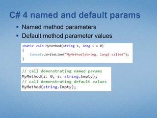 C# 4 named and default paramsNamed method parametersDefault method parameter values