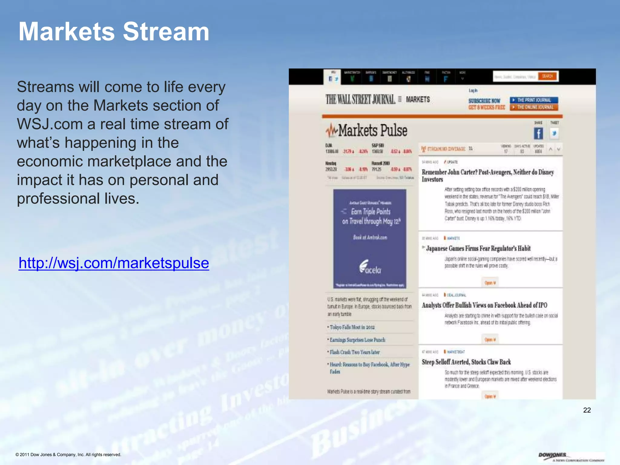Markets Stream

Streams will come to life every
day on the Markets section of
WSJ.com a real time stream of
what’s happening in the
economic marketplace and the
impact it has on personal and
professional lives.



 http://wsj.com/marketspulse




                                                        22




© 2011 Dow Jones & Company, Inc. All rights reserved.
 