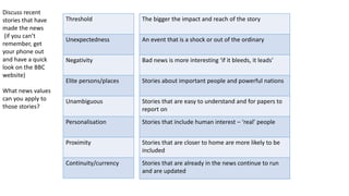 Threshold
Unexpectedness
Negativity
Elite persons/places
Unambiguous
Personalisation
Proximity
Continuity/currency
The bigger the impact and reach of the story
An event that is a shock or out of the ordinary
Bad news is more interesting ‘if it bleeds, it leads’
Stories about important people and powerful nations
Stories that are easy to understand and for papers to
report on
Stories that include human interest – ‘real’ people
Stories that are closer to home are more likely to be
included
Stories that are already in the news continue to run
and are updated
Discuss recent
stories that have
made the news
(if you can’t
remember, get
your phone out
and have a quick
look on the BBC
website)
What news values
can you apply to
those stories?
 