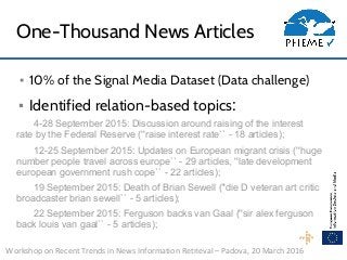 Workshop on Recent Trends in News Information Retrieval – Padova, 20 March 2016
One-Thousand News Articles
▪ 10% of the Signal Media Dataset (Data challenge)
▪ Identified relation-based topics:
4-28 September 2015: Discussion around raising of the interest
rate by the Federal Reserve (''raise interest rate`` - 18 articles);
12-25 September 2015: Updates on European migrant crisis (''huge
number people travel across europe`` - 29 articles, ''late development
european government rush cope`` - 22 articles);
19 September 2015: Death of Brian Sewell (''die D veteran art critic
broadcaster brian sewell`` - 5 articles);
22 September 2015: Ferguson backs van Gaal (''sir alex ferguson
back louis van gaal`` - 5 articles);
 