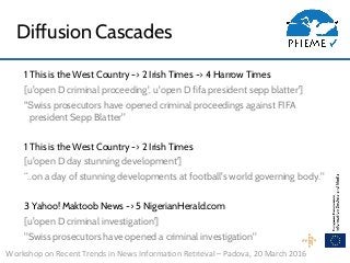 Workshop on Recent Trends in News Information Retrieval – Padova, 20 March 2016
Diffusion Cascades
1 This is the West Country -> 2 Irish Times -> 4 Harrow Times
[u'open D criminal proceeding', u'open D fifa president sepp blatter']
"Swiss prosecutors have opened criminal proceedings against FIFA
president Sepp Blatter"
1 This is the West Country -> 2 Irish Times
[u'open D day stunning development']
“..on a day of stunning developments at football's world governing body."
3 Yahoo! Maktoob News -> 5 NigerianHerald.com
[u'open D criminal investigation']
"Swiss prosecutors have opened a criminal investigation"
 