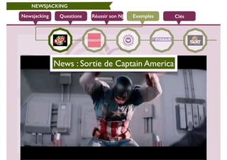 Newsjacking Réussir son NJ
NEWSJACKING
Questions Exemples
News : Sortie de Captain America
Clés
 