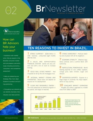 ww.br advisors.net




        02 2009
                                                                                BrNewsletter                           T H E B R I D G E TO CO M M E R C E W I T H B R A Z I L




                                     White House Photo/Pete Souza




      www.bradvisors.net



     How can
     BR Advisors
     help your
                                                                    TEN REASONS TO INVEST IN BRAZIL.
     business?
                                                                    1    STABLE CURRENCY - $200 Billion in                  6    STABLE DEMOCRACY - Political stabil-
     • Assistance with market                                       US$ reserves , untouched eight months                   ity and at peace with all its neighbors
     entry: We are experts in the                                   after the crisis
                                                                                                                            7   ECONOMIC STABILITY - Effective regu-
     Brazilian consumer market
                                                                    2    A SOLID AND SOPHISTICATED                          latory policies and a central Bank with
     and can prepare a pre-entry                                    FINANCIAL SYSTEM - Banks are very sol-                  autonomy
     study including economics,                                     vent and with a lot of room to increase
     consumers and competitive
                                                                    lending.                                                8   AGRICULTURAL POWERHOUSE - World
                                                                                                                            leading exporter of iron, coffee, soybean,
     assessment
                                                                    3   SOLID REAL ESTATE MARKET - Not                      orange juice, beef, chicken, sugar and
                                                                    impacted at all by the US mortgage crisis               ethanol

                                                                    4                                                       9
     • Help you preparing your
                                                                         INTERNAL MARKET STRONG AND                             DIVERSIFIED EXPORTS - Exports to a
     Strategic Plan, from ideal
                                                                    DIVERSIFIED - Brazil does not depend on                 large range of countries. No major depen-
     location to product and pric-                                  exports for it’s development                            dence on any country

                                                                    5                                                       10
     ing positioning
                                                                         CLEAR AND RENEWABLE ENERGY -                              CONSUMER MARKET EXPANDING
                                                                    The most advanced car ethanol program in                - Roughly 20 million upgraded to middle
     • Throughout our network we                                    the planet, and large oil reserves                      class from 2002 to 2007
     can identify channels of dis-

     tribution and ideal partners
                                                                                       FOREIGN DIRECT                   45.1
                                                                                       INVESTMENT
                                                                                       $ Billions               34.6


                                                                                           20.3   21.5   22.2

                                                                                12.9




                                                                               2003       2004    2005   2006   2007    2008
 