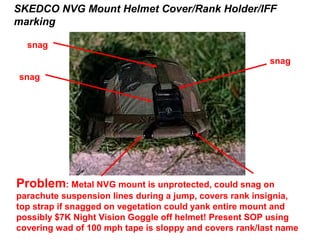SKEDCO NVG Mount Helmet Cover/Rank Holder/IFF
marking

  snag
                                                         snag
snag




Problem: Metal NVG mount is unprotected, could snag on
parachute suspension lines during a jump, covers rank insignia,
top strap if snagged on vegetation could yank entire mount and
possibly $7K Night Vision Goggle off helmet! Present SOP using
covering wad of 100 mph tape is sloppy and covers rank/last name
 