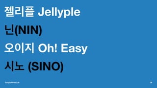 젤리플 Jellyple
닌(NIN)
오이지 Oh! Easy
시노 (SINO)
Google News Lab 36
 