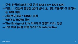 —주제: 한국의 20대 자살 문제 SAY I am NOT OK!
—타겟: 1. 감성이 풍부한 20대 남녀, 2. 나만 우울하다고 생각하
는 20대 여자
—서늘한 여름밤 * SINO: 영상
—WHY & HOW: 영상
—The Bridge of Life 마포대교 생명의 다리: 영상
—요즘 어때 (자살 위험 자가진단): interactive
Google News Lab 53
 