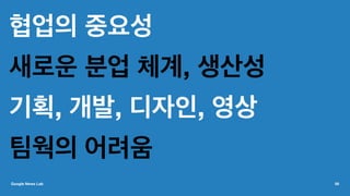 협업의 중요성
새로운 분업 체계, 생산성
기획, 개발, 디자인, 영상
팀웍의 어려움
Google News Lab 56
 