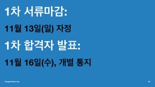 1차 서류마감:
11월 13일(일) 자정
1차 합격자 발표:
11월 16일(수), 개별 통지
Google News Lab 64
 