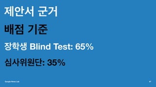 제안서 군거
배점 기준
장학생 Blind Test: 65%
심사위원단: 35%
Google News Lab 67
 