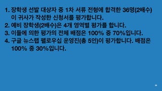 1. 장학생 선발 대상자 중 1차 서류 전형에 합격한 36명(2배수)
이 귀사가 작성한 신청서를 평가합니다.
2. 예비 장학생(2배수)은 4개 영역별 평가를 합니다.
3. 이들에 의한 평가의 전체 배점은 100% 중 70%입니다.
4. 구글 뉴스랩 펠로우십 운영진(총 5인)이 평가합니다. 배점은
100% 중 30%입니다.
36
 