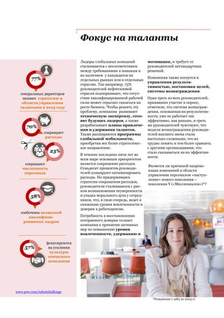 Фокус на таланты
Лидеры глобальных компаний
сталкиваются с несоответствием
между требованиями к навыкам и
их наличием у кандидатов на
отдельных рынках или в отдельных
отраслях. Так например, 75%
руководителей нефтегазовой
отрасли подчеркивают, что отсут-
ствие квалифицированной рабочей
силы может серьезно сказаться на
росте бизнеса. Чтобы решить эту
проблему, компании развивают
техническую экспертизу, гото-
вят будущих лидеров, а также
разрабатывают планы привлече-
ния и удержания талантов.
Также расширяются программы
глобальной мобильности,
приобретая все более стратегичес-
кое направление.
В течение последних пяти лет во
всем мире основным приоритетом
является сокращение расходов.
Семьдесят процентов руководи-
телей планируют оптимизировать
расходы. Но придерживаясь
стратегии сокращения расходов,
руководители сталкиваются с рис-
ком возникновения неуверенности
и упадка морального духа у сотруд-
ников, что, в свою очередь, ведет к
снижению уровня вовлеченности и
доверия к работодателю.
Потребность в восстановлении
потерянного доверия толкает
компании к принятию активных
мер по повышению уровня
вовлеченности, удержанию и
мотивации, и требует от
руководителей нестандартных
решений.
Изменения также коснутся и
управления результа-
тивностью, постановки целей,
системы вознаграждения.
Одна треть из всех руководителей,
принявших участие в опросе,
отметили, что система вознаграж-
дения, основанная на результатив-
ности, уже не работает так
эффективно, как раньше, и треть
же руководителей чувствуют, что
модели вознаграждения руководи-
телей высшего звена стали
настолько сложными, что их
трудно понять и тем более сравнить
с другими организациями, что
стало сказываться на их эффектив-
ности.
фокусируются
на усилении
культуры
этического
поведения
www.pwc.com/talentchallenge
77%
генеральных директоров
меняют стратегию в
области управления
талантами в 2013 году
58%
сокращают
расходы
сокращают
численность
персонала
70%
23%
озабочены нехваткой
квалифици-
рованных кадров
57%
Является ли причиной назрева-
ющих изменений в области
управления персоналом «наступ-
ление» нового поколения –
поколения Y («Миллениалов»)*?
*Рожденные с 1983 по 2003 гг.
 