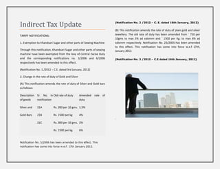 Indirect Tax Update                                                      (Notification No. 2 /2012 – C. E. dated 16th January, 2012)


                                                                         (B) This notification amends the rate of duty of plain gold and silver
TARIFF NOTIFICATIONS:                                                    Jewellery. The old rate of duty has been amended from ` 750 per
                                                                         10gms to max 5% ad valorem and ` 1500 per Kg. to max 6% ad
1. Exemption to Khandsari Sugar and other parts of Sewing Machine        valorem respectively. Notification No. 23/2003 has been amended
                                                                         to this effect. This notification has come into force w.e.f 17th,
Through this notification, Khandsari Sugar and other parts of sewing     January 2012.
machine have been exempted from the levy of Central Excise Duty
and the corresponding notifications no. 3/2006 and 6/2006                (Notification No. 3 /2012 – C.E dated 16th January, 2012)
respectively has been amended to this effect.

(Notification No. 1 /2012 – C.E. dated 3rd January, 2012)

2. Change in the rate of duty of Gold and Silver

(A) This notification amends the rate of duty of Silver and Gold bars
as follows:

Description Sr. No. in Old rate of duty            Amended   rate   of
of goods    notification                           duty

Silver and    21A          Rs. 200 per 10 gms. 1.5%

Gold Bars     21B          Rs. 1500 per kg         4%
                                                                         .
              21C          Rs. 300 per 10 gms. 2%

                           Rs. 1500 per kg         6%


Notification No. 5/2006 has been amended to this effect. This
notification has come into force w.e.f. 17th January 2012.
 